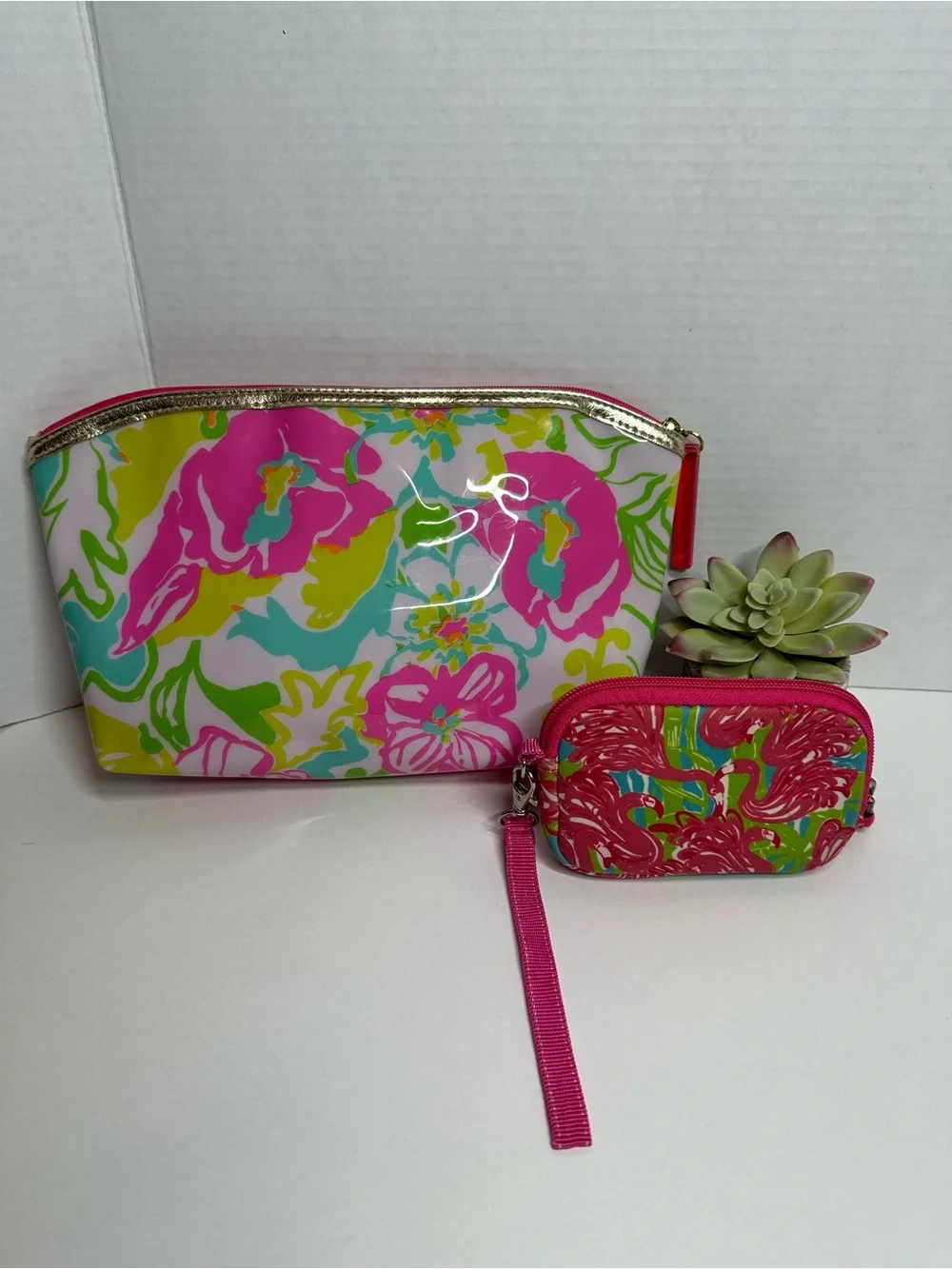Lilly Pulitzer Floral Patent Cosmetic Pouch Set - Pink, Green & Blue